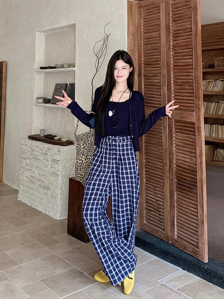 High Waist Plaid Baggy Pants, Solid Cardigan, Crop Camisole Top Set