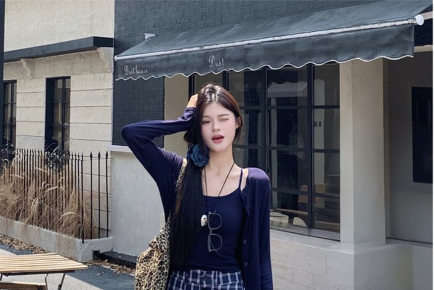 High Waist Plaid Baggy Pants, Solid Cardigan, Crop Camisole Top Set