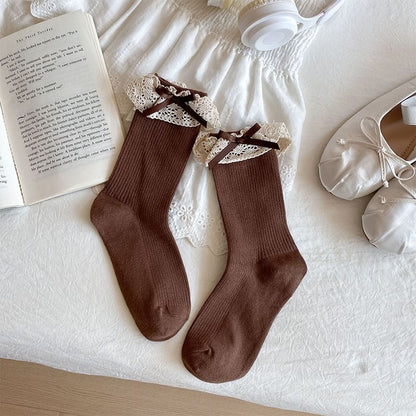 Bow Lace Trim Ribbed Socks / Set