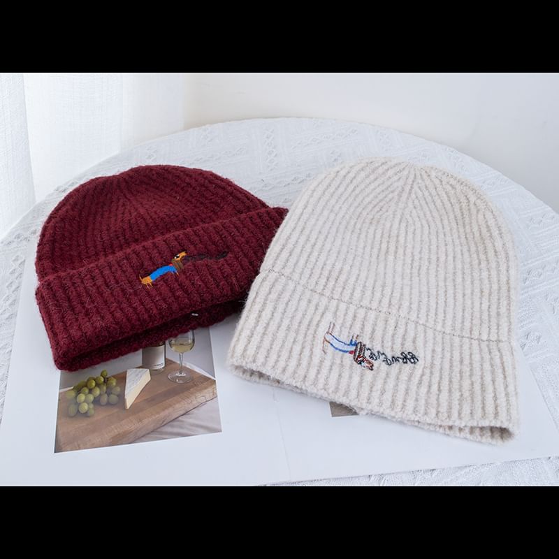Embroidered Dog Beanie Knit