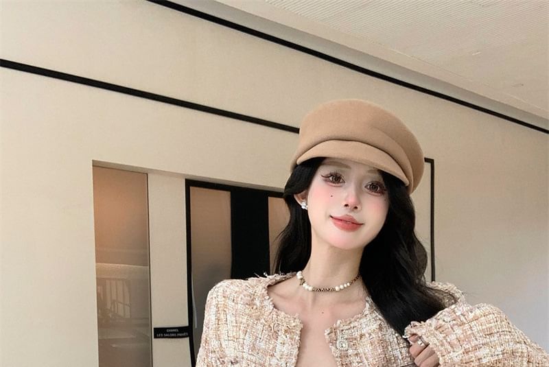 Round Jacket Neck Tweed Button Cropped