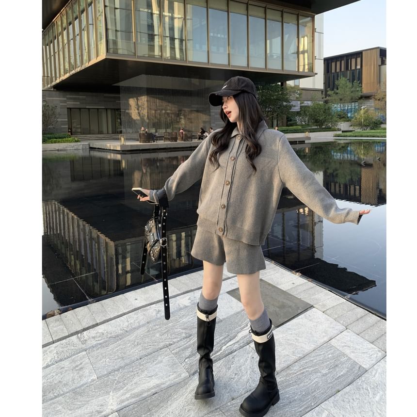 Solid Button Cardigan and Knit Shorts Set