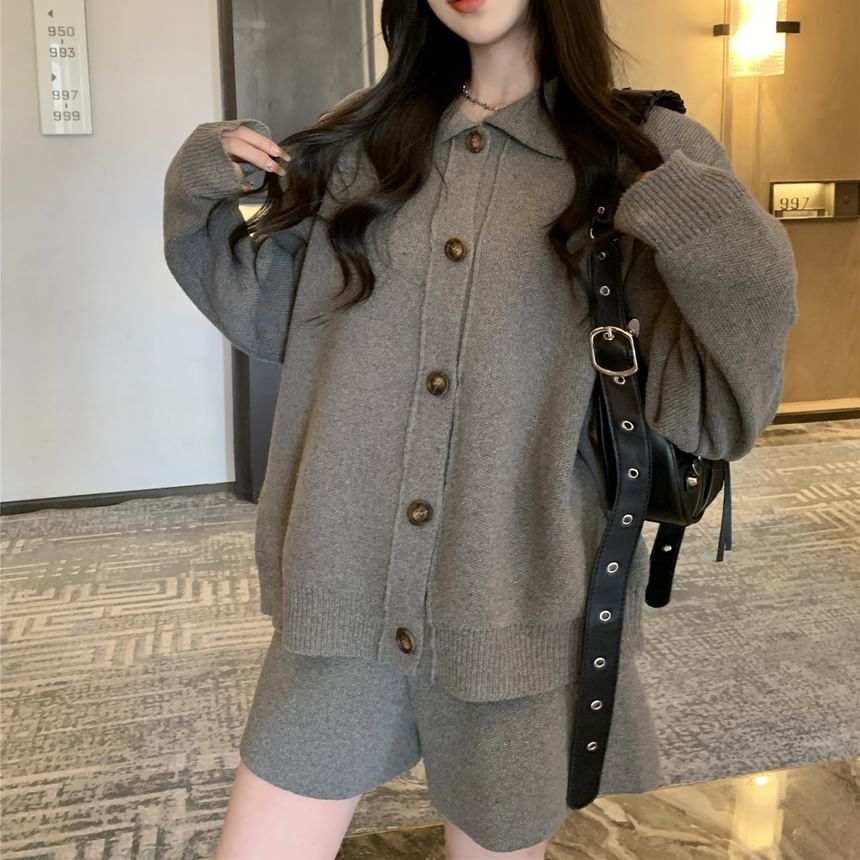 Solid Button Cardigan and Knit Shorts Set