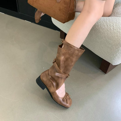 Low Heel Cutout Bowknot Mid Calf Boots