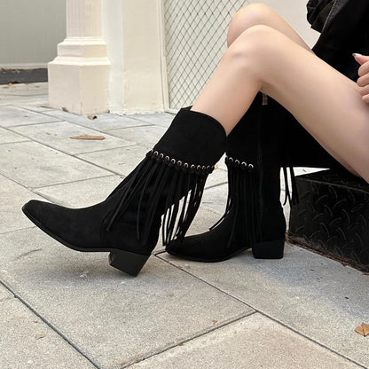 Fringe Block Heel Mid-Calf Boots