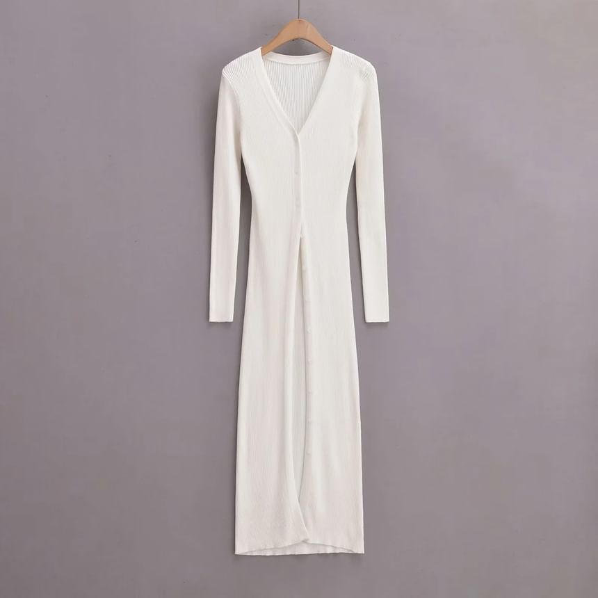Button-Front Solid Long Knit Cardigan