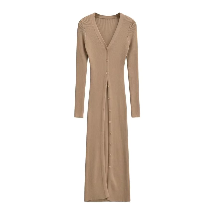 Button-Front Solid Long Knit Cardigan