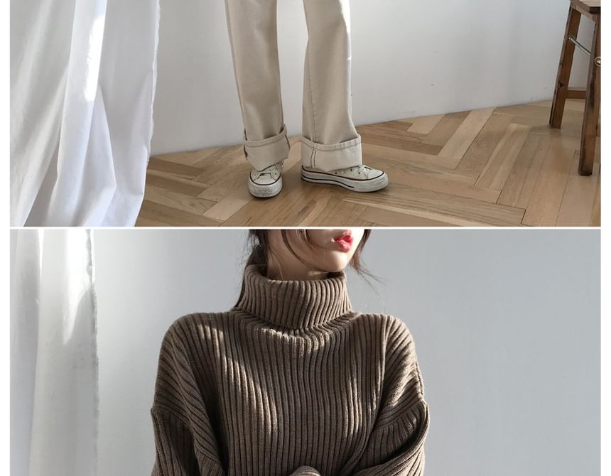 Bubble-Sleeve High-Neck Ribbed Sweater