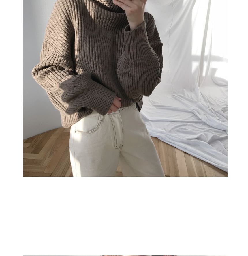 Bubble-Sleeve High-Neck Ribbed Sweater