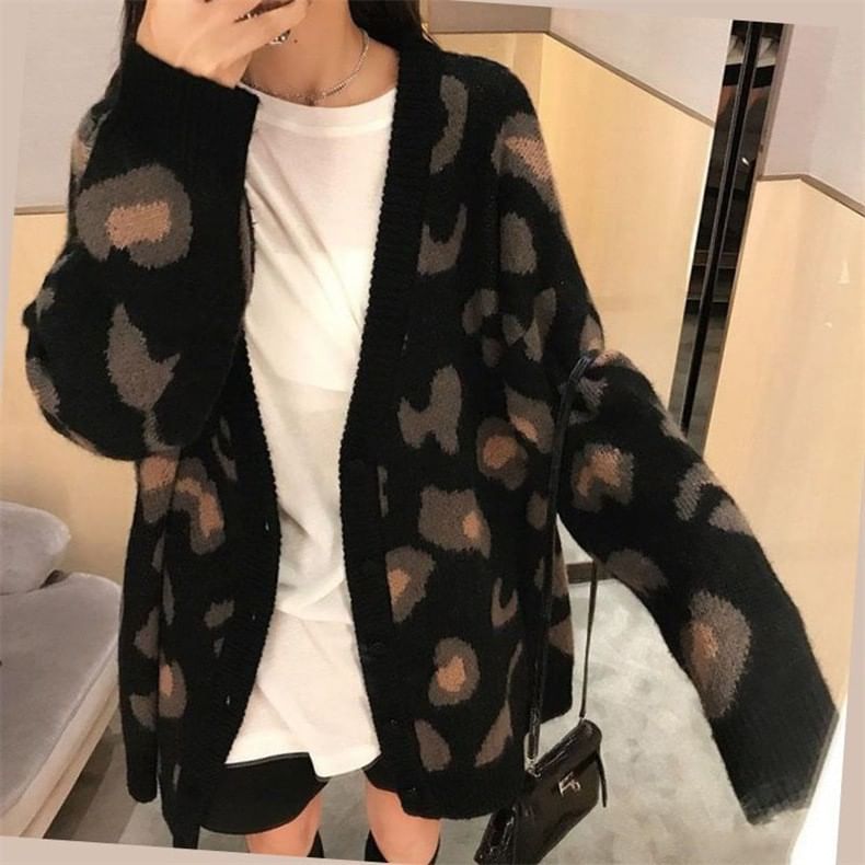 Leopard-Print V-Neck Cardigan