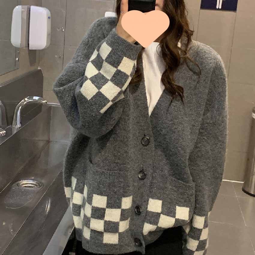 Oversized Checker V-Neck Cardigan