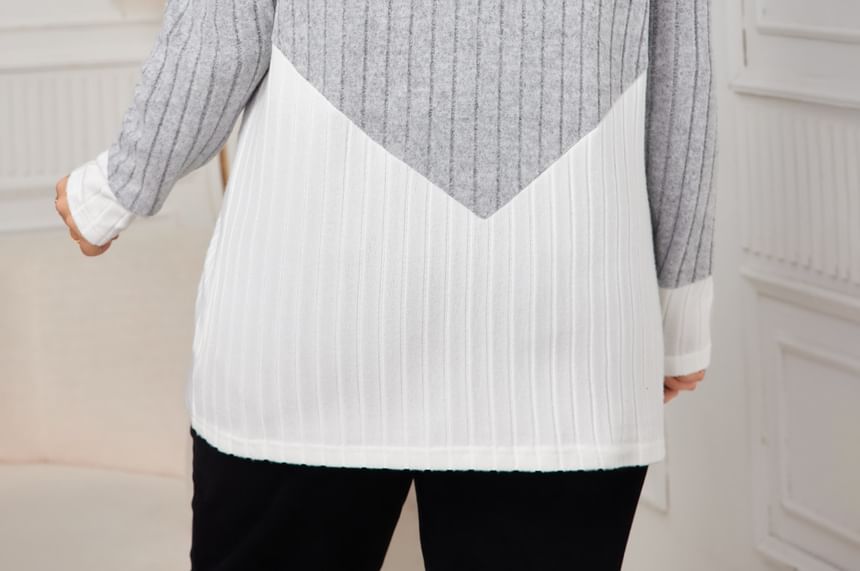 Color Block Hood Ribbed Zip Up Sweater