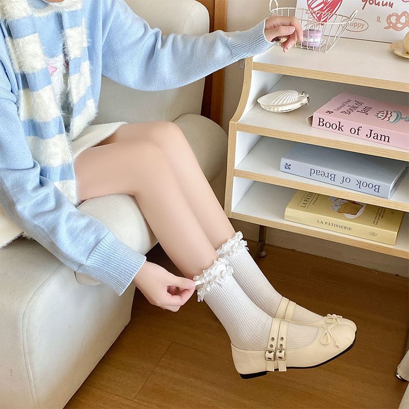 Bow Ruffle Trim Ribbed Socks