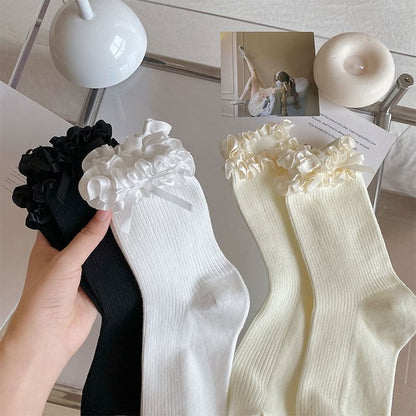 Bow Ruffle Trim Ribbed Socks