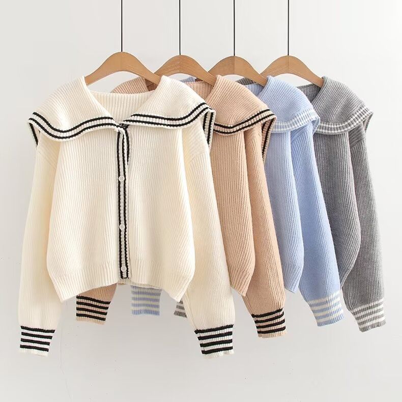 Collared Long Sleeve Striped Trim Button Crop Jacket