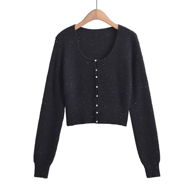 Scoop Neck Solid Sequin Faux Pearl Buttoned Crop Sweater