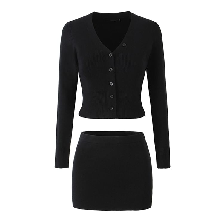 V-Neck Solid Button Crop Cardigan and High Waist Mini Pencil Skirt Set