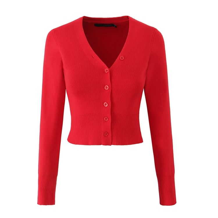 V-Neck Solid Button Crop Cardigan and High Waist Mini Pencil Skirt Set