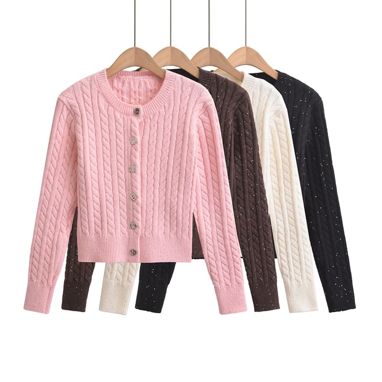 Crew Neck Solid Sequin Cable Knit Button Crop Sweater