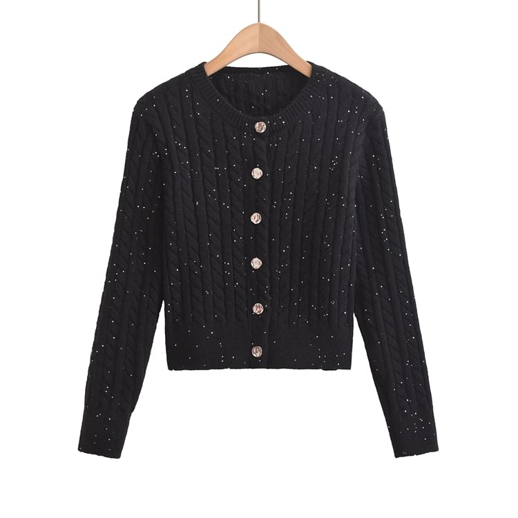Crew Neck Solid Sequin Cable Knit Button Crop Sweater