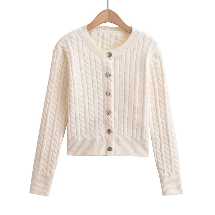 Crew Neck Solid Sequin Cable Knit Button Crop Sweater