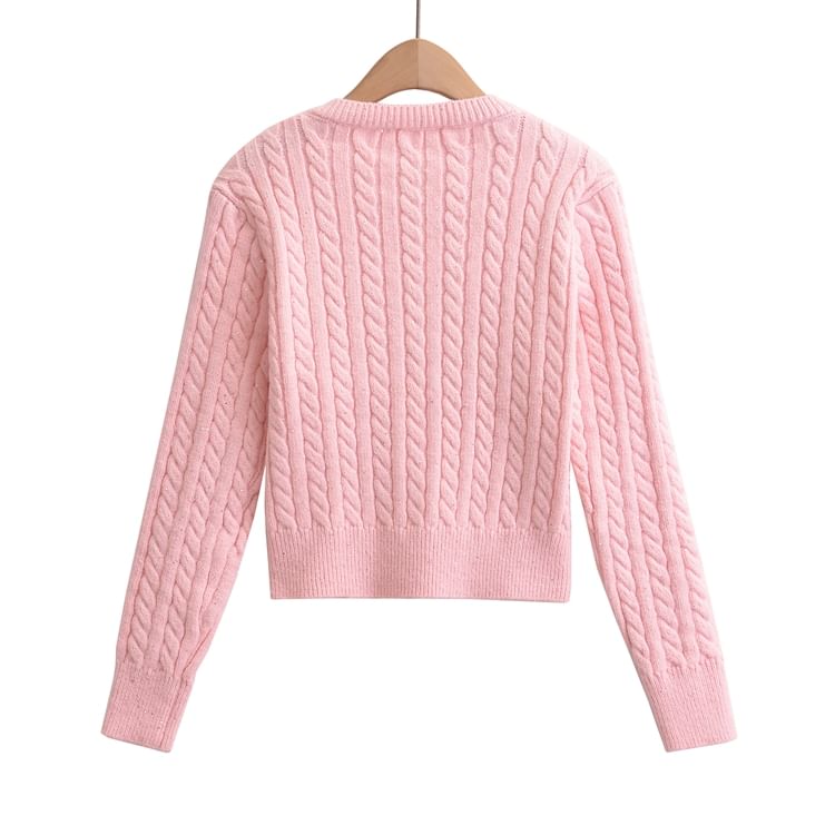 Crew Neck Solid Sequin Cable Knit Button Crop Sweater