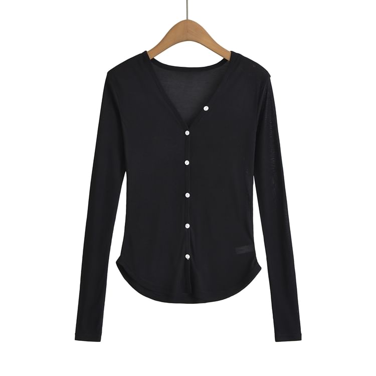 V-Neck Solid Sheer Button Knitwear