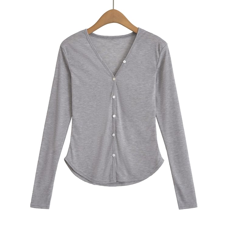 V-Neck Solid Sheer Button Knitwear
