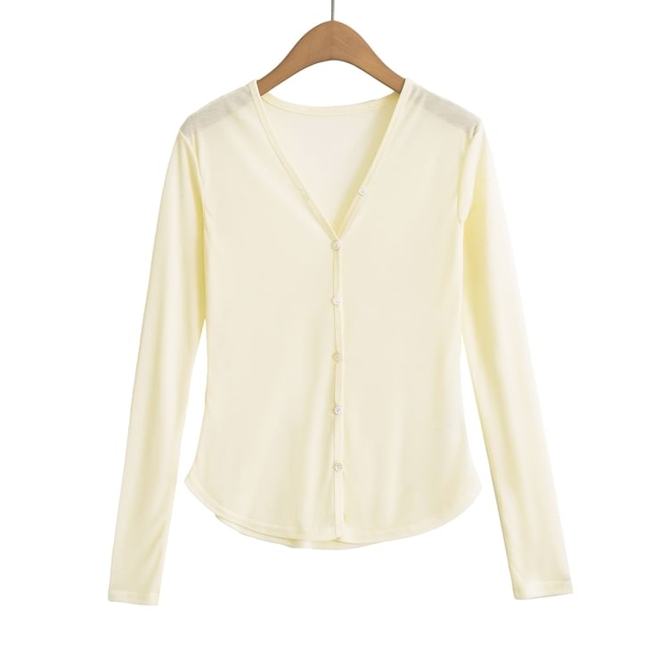 V-Neck Solid Sheer Button Knitwear
