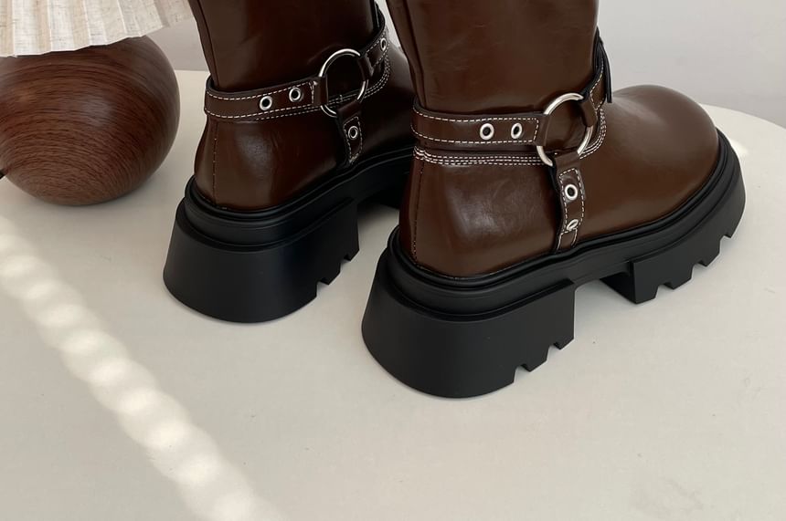 Contrast Stitching Buckled Platform Chunky Heel Short Boots