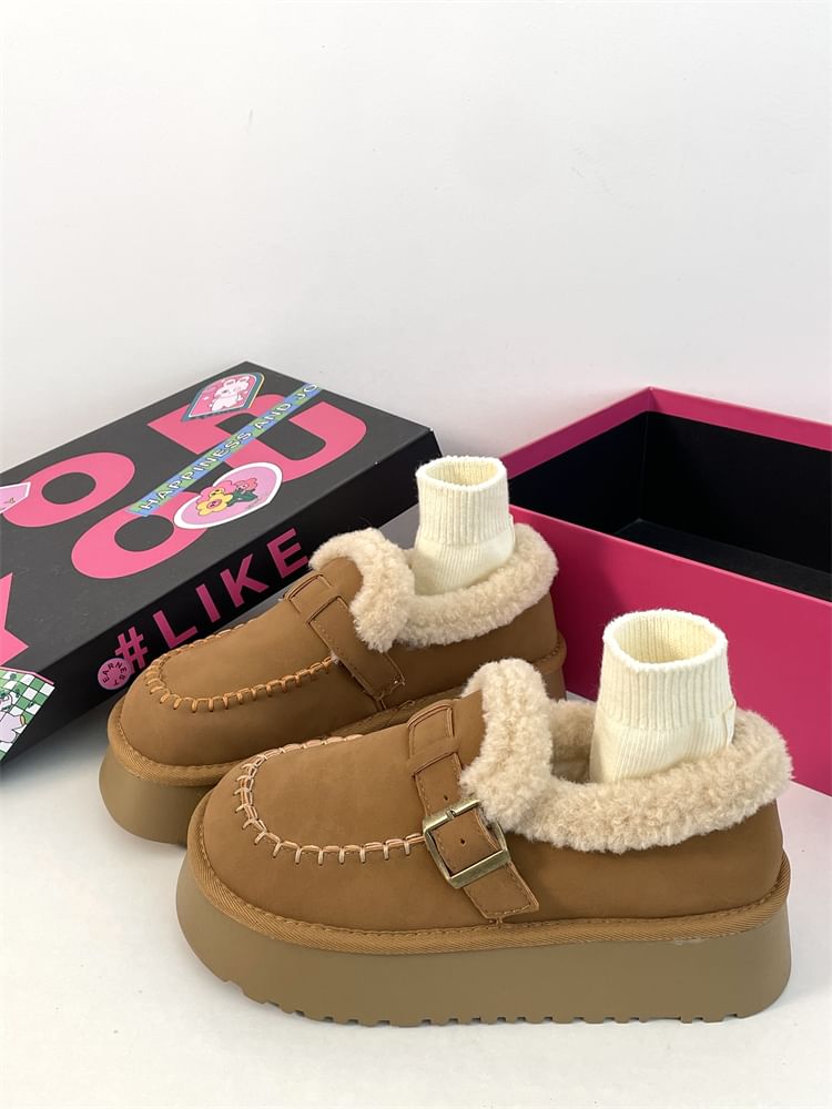 Buckled Fluffy Trim Platform Loafers