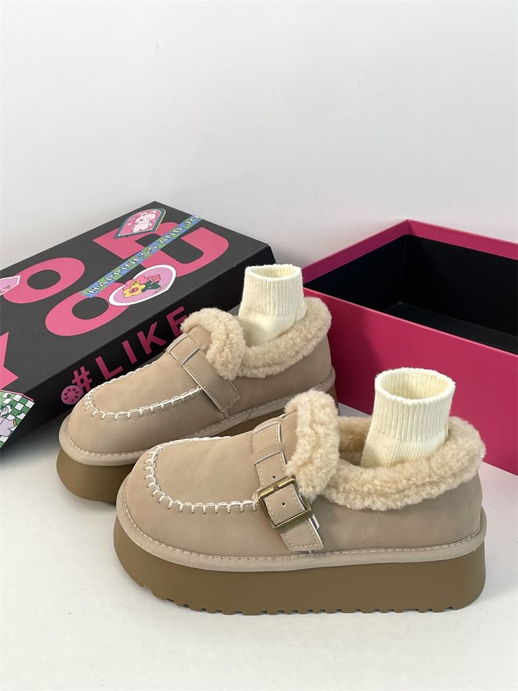 Buckled Fluffy Trim Platform Loafers