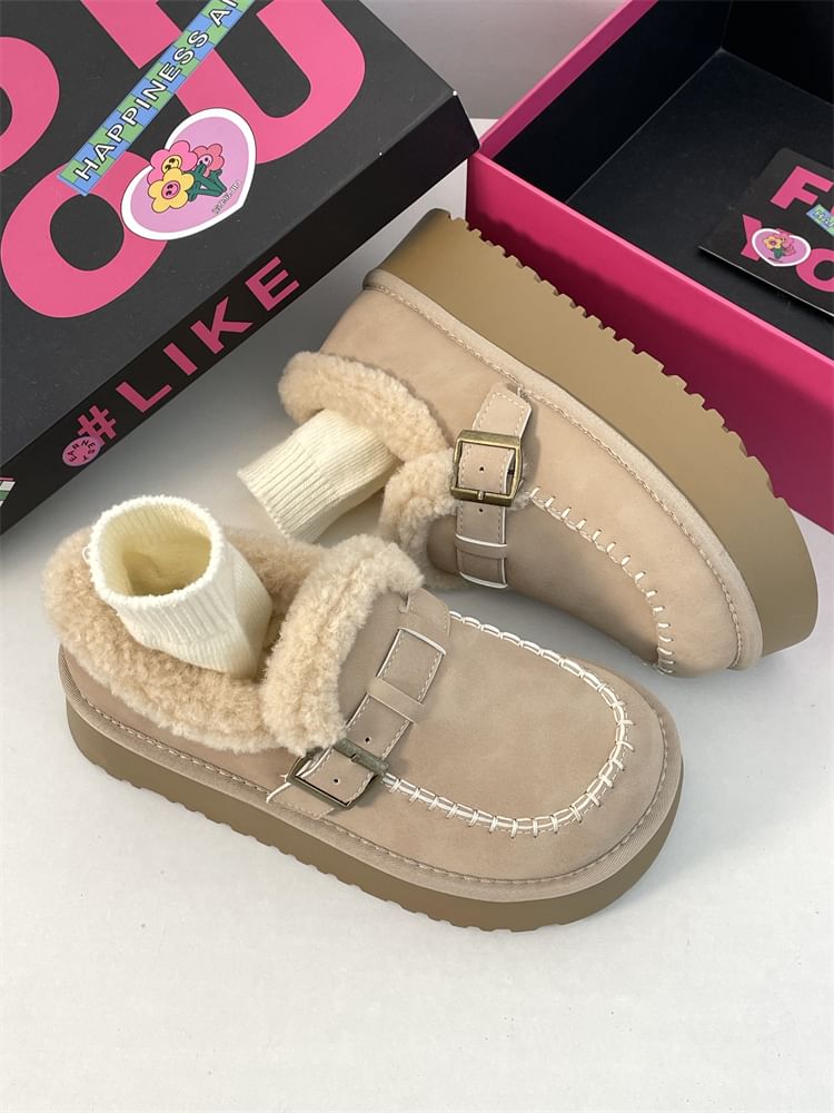 Buckled Fluffy Trim Platform Loafers