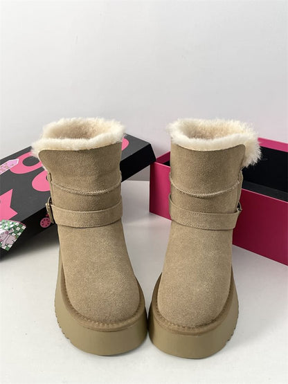 Buckled Fluffy Trim Platform Short Boots