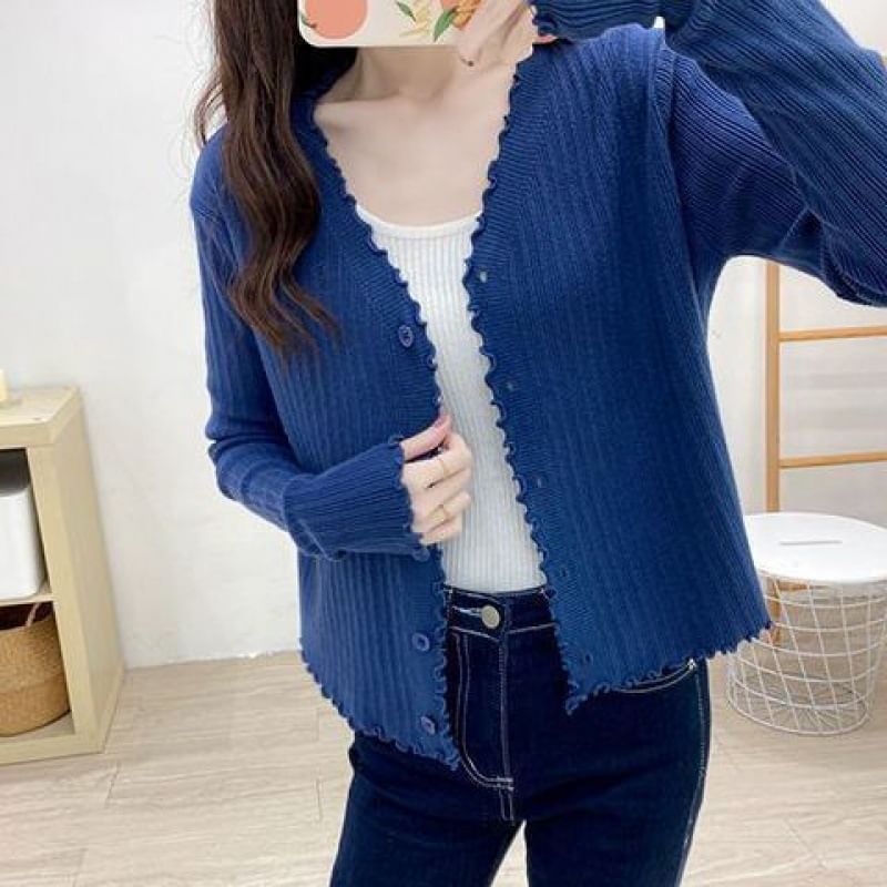 Ribbed V-Neck Cropped Knitted Cardigan