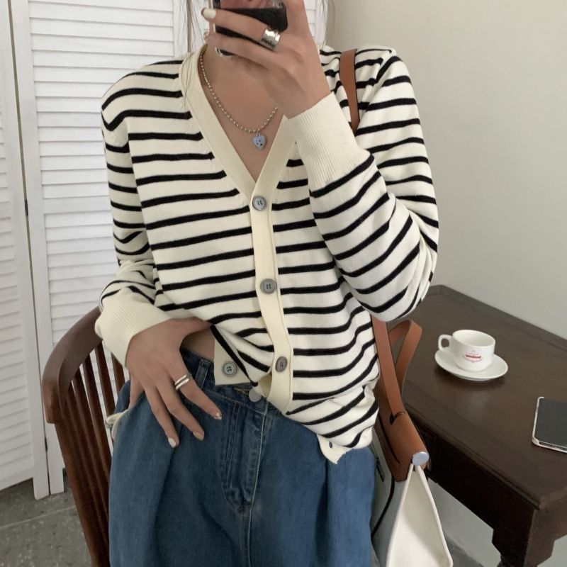 Striped V-Neck Extended Sleeve Button Sweater