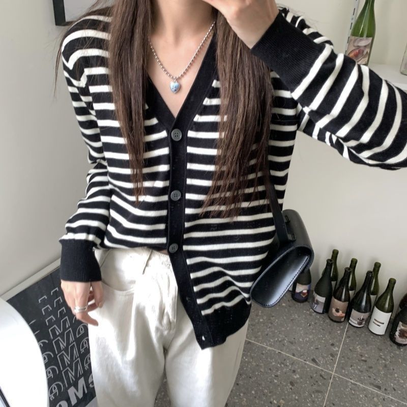 Striped V-Neck Extended Sleeve Button Sweater