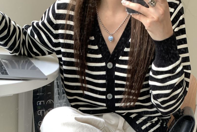 Striped V-Neck Extended Sleeve Button Sweater