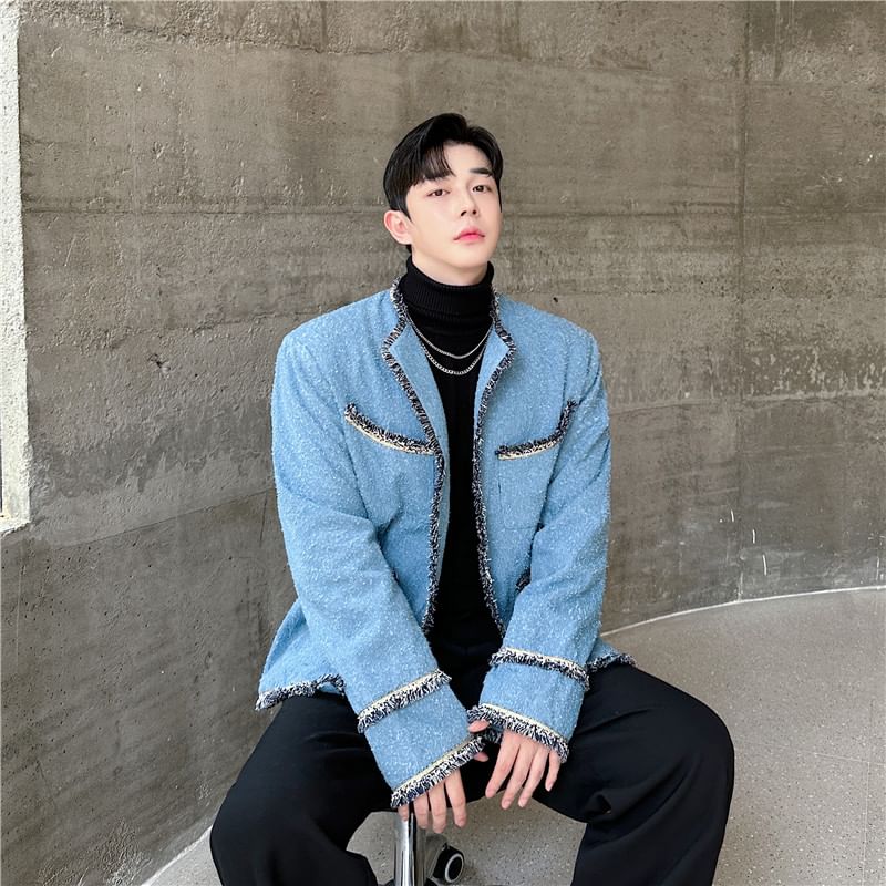 Tweed Trim Button-Up Jacket