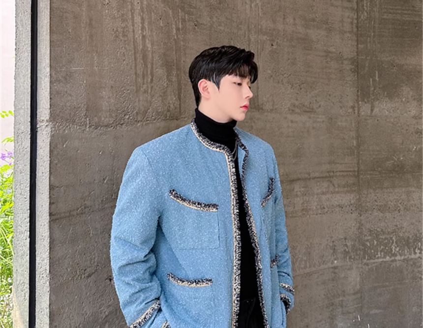 Tweed Trim Button-Up Jacket