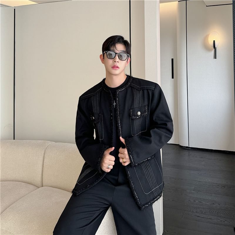 Tweed Trim Contrast Stitched Jacket