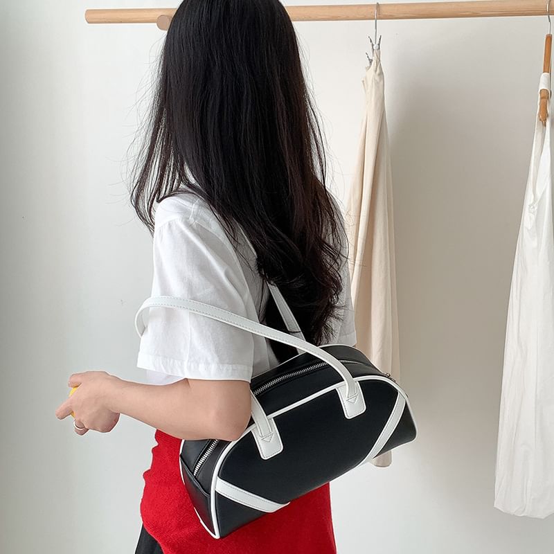 Faux Leather Bag Bowler Striped