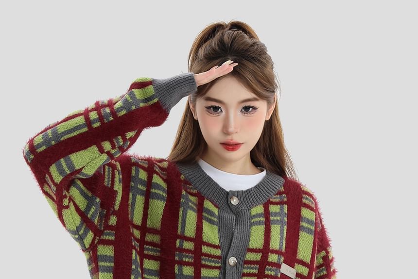 Matching Round Neck Plaid Knit Jacket for Couples