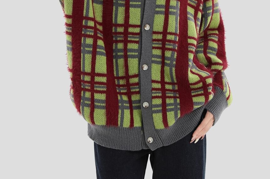 Matching Round Neck Plaid Knit Jacket for Couples