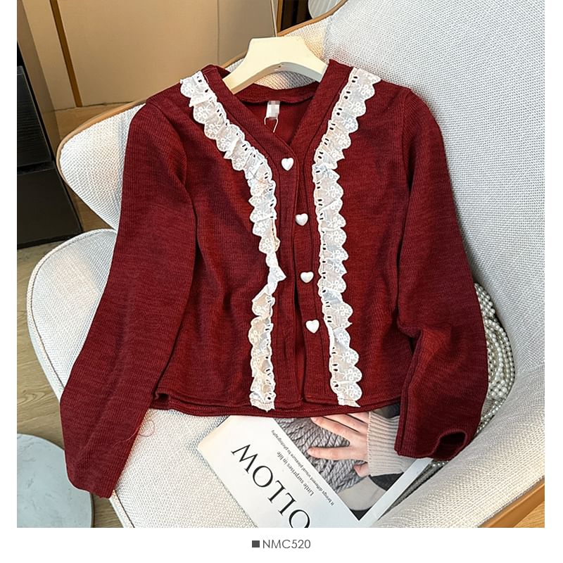 Lace-Trim V-Neck Knit Jacket