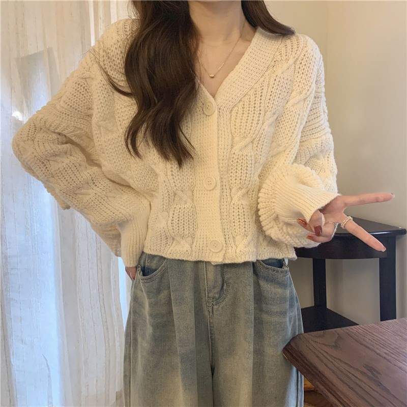V-Neck Solid Cable Knit Sweater