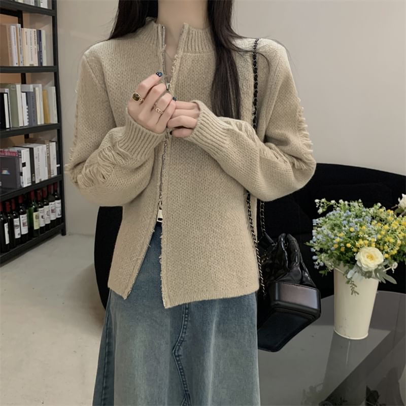 Round Neck Solid Distressed Zip Jacket