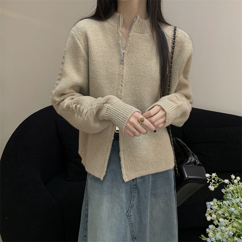 Round Neck Solid Distressed Zip Jacket