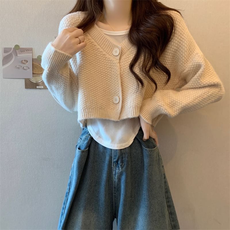 Set: V-Neck Crop Cardigan and Asymmetrical Tank Top