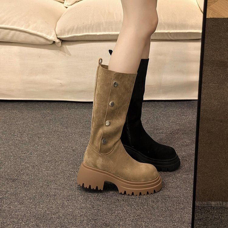 Suede Faux Platform Button Mid Boots Calf